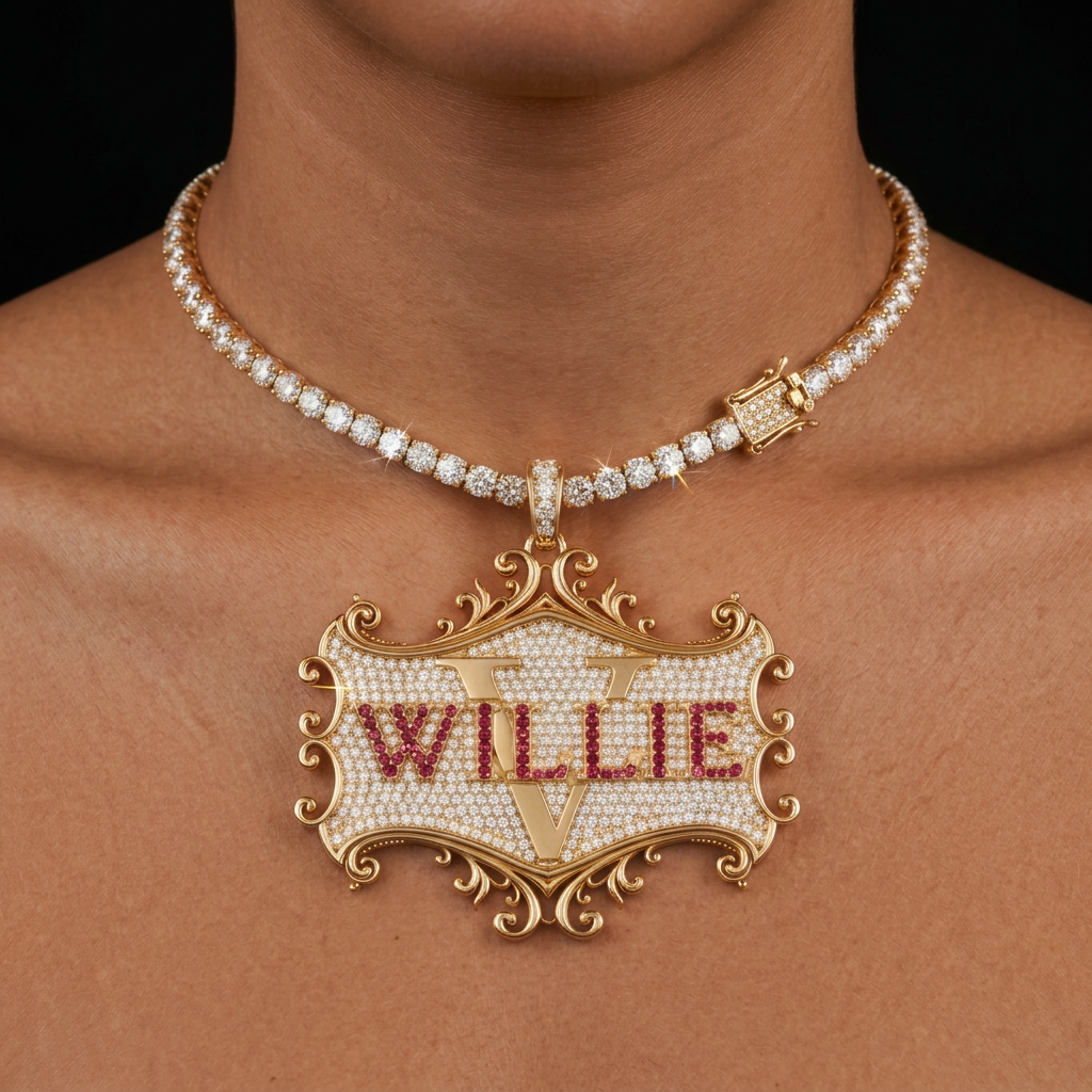 Willie V Grandeur diamond and ruby crest pendant worn on a gold tennis chain — enter the online store